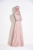 Tesettür giyim PUDRA HAKİM YAKA KEMERLİ ABİYE ELBİSE 5302
