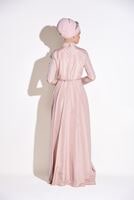 Tesettür giyim PUDRA HAKİM YAKA KEMERLİ ABİYE ELBİSE 5302