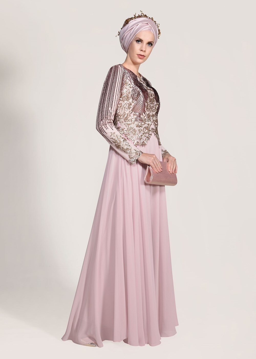 Tesettür giyim PUDRA PUL PAYET İŞLEME ABİYE ELBİSE 5308 