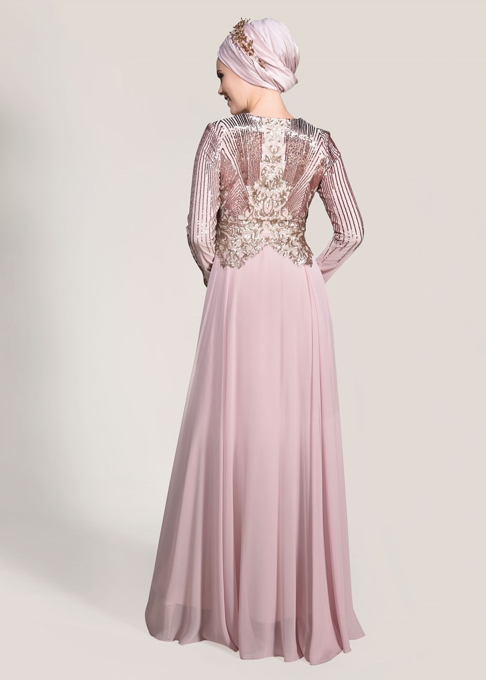 Tesettür giyim PUDRA PUL PAYET İŞLEME ABİYE ELBİSE 5308 