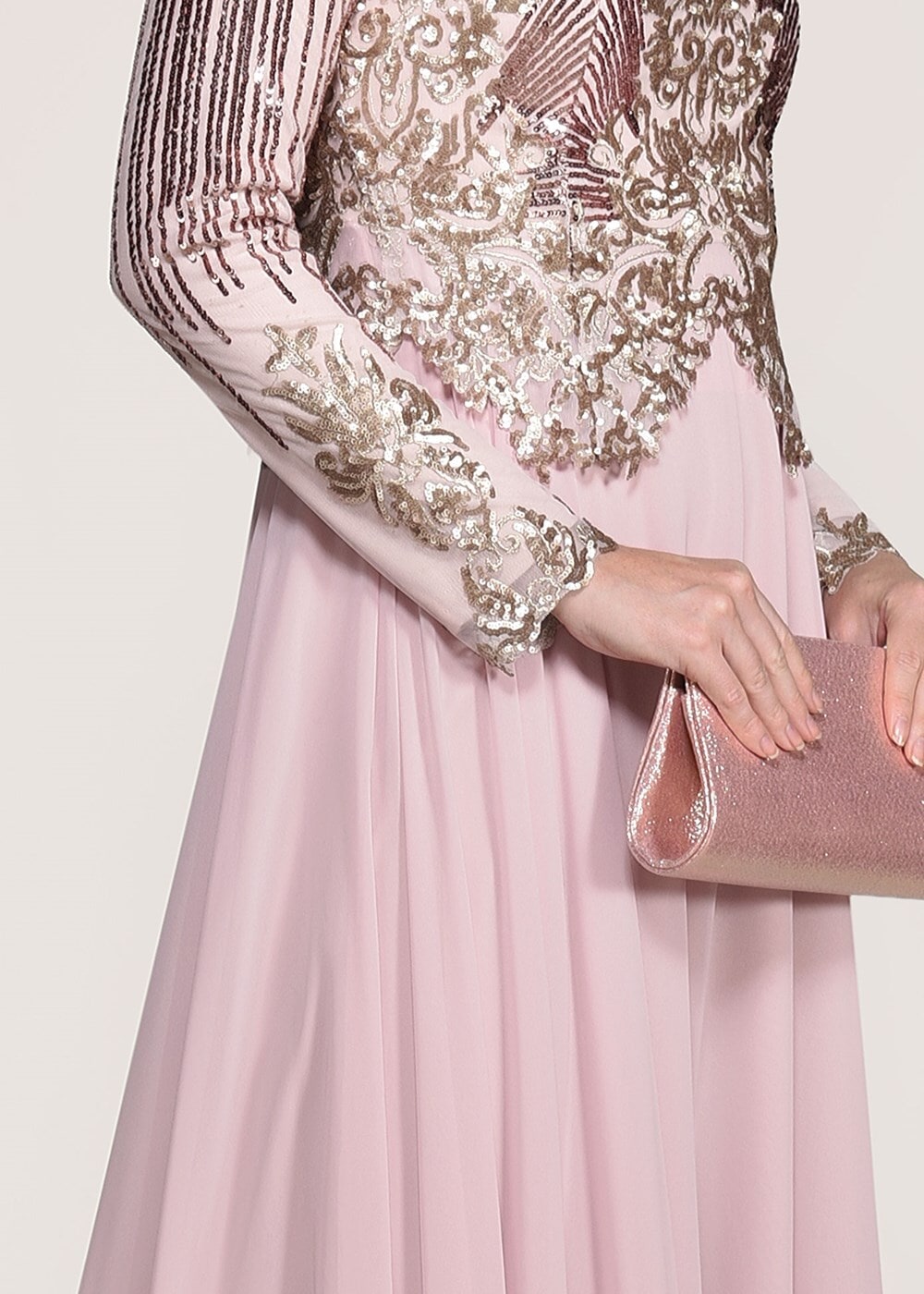 Tesettür giyim PUDRA PUL PAYET İŞLEME ABİYE ELBİSE 5308 