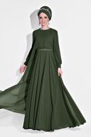 Tesettür giyim HAKİ TAŞ ŞERİT DETAYLI MULTİ ŞİFON 2&prime;Lİ ABİYE ELBİSE 5322 