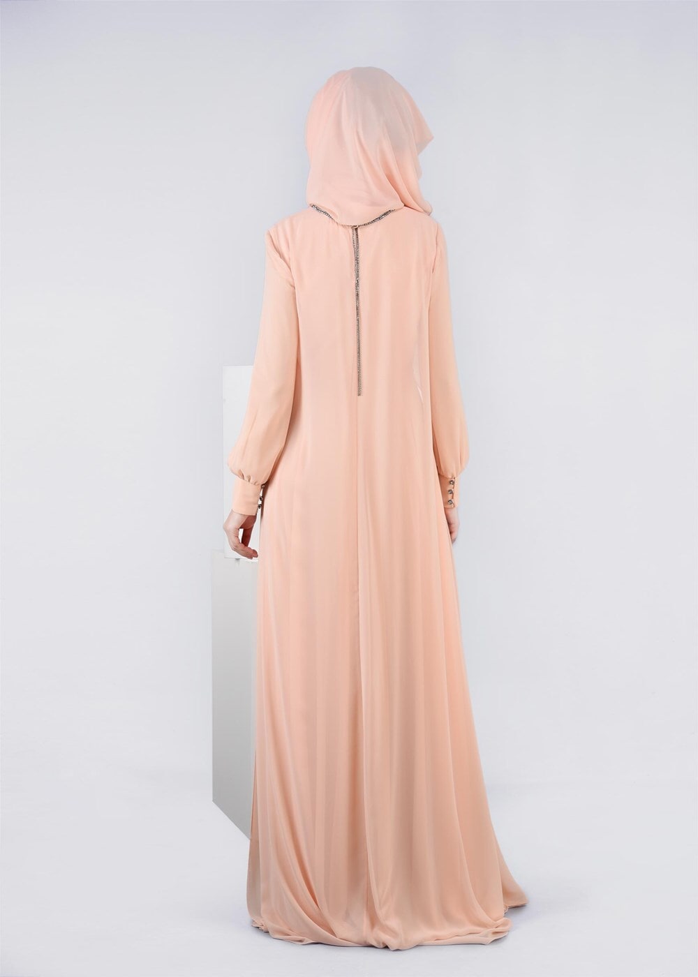 Tesettür giyim PUDRA TAŞ ŞERİT DETAYLI MULTİ ŞİFON 2&prime;Lİ ABİYE ELBİSE 5322 