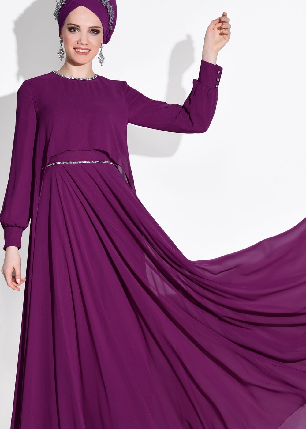 Tesettür giyim MOR TAŞ ŞERİT DETAYLI MULTİ ŞİFON 2&prime;Lİ ABİYE ELBİSE 5322 