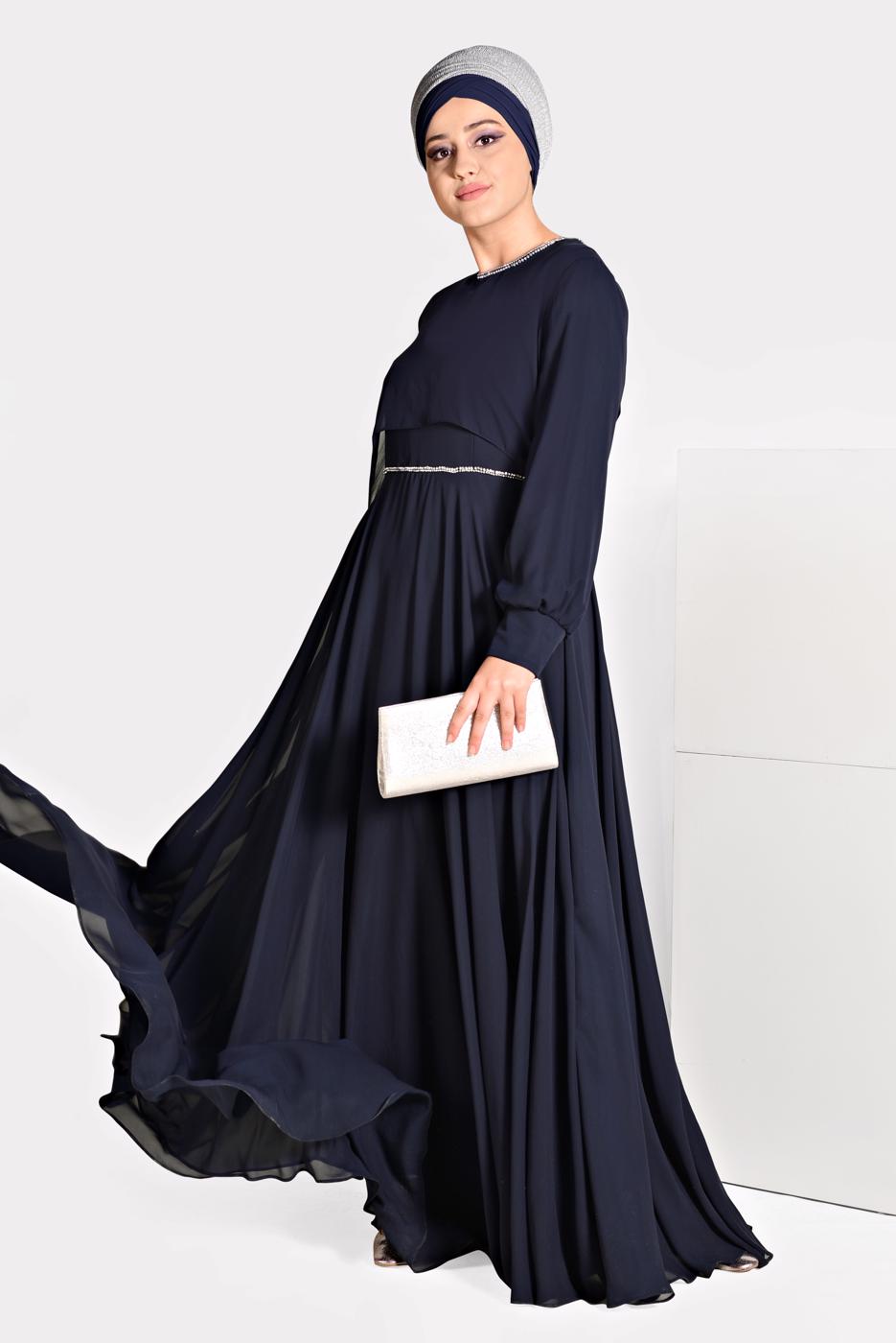 Tesettür giyim LACİVERT T 5323 New Multi Şifon 2&prime;li Elb. Abiye-Alv Fashion