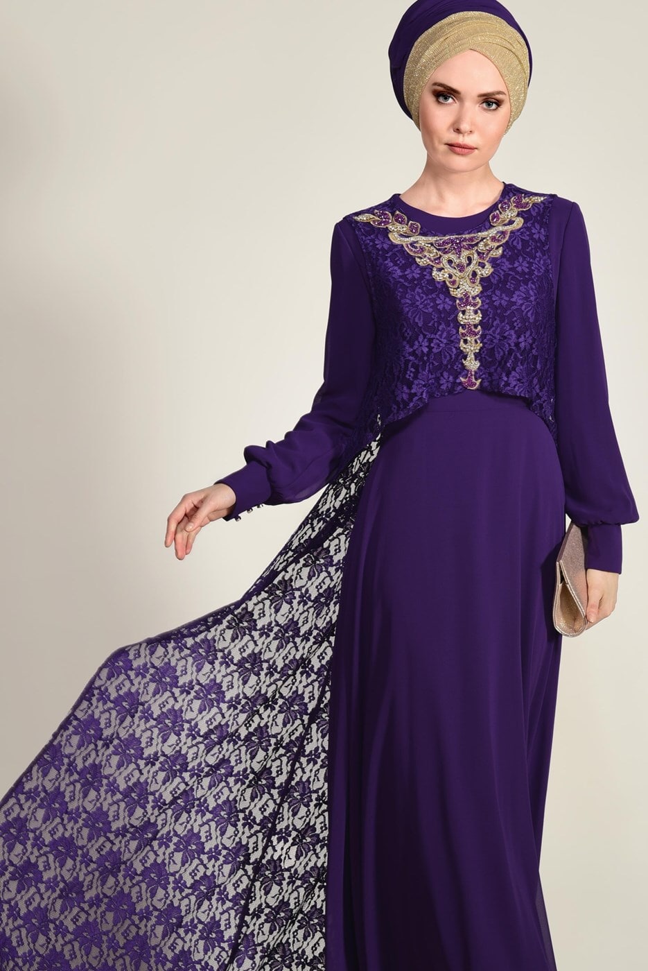 Tesettür giyim MOR ARKASI DANTELLİ ABİYE ELBİSE 5352