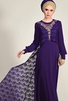 Tesettür giyim MOR ARKASI DANTELLİ ABİYE ELBİSE 5352