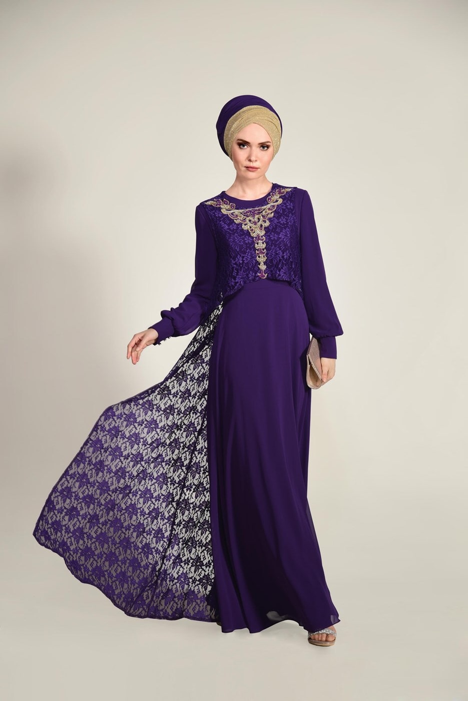 Tesettür giyim MOR ARKASI DANTELLİ ABİYE ELBİSE 5352