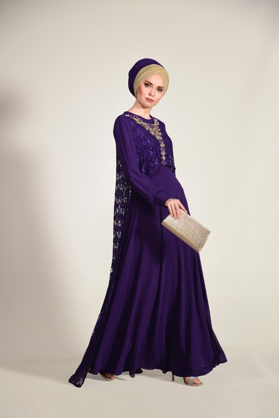 Tesettür giyim MOR ARKASI DANTELLİ ABİYE ELBİSE 5352