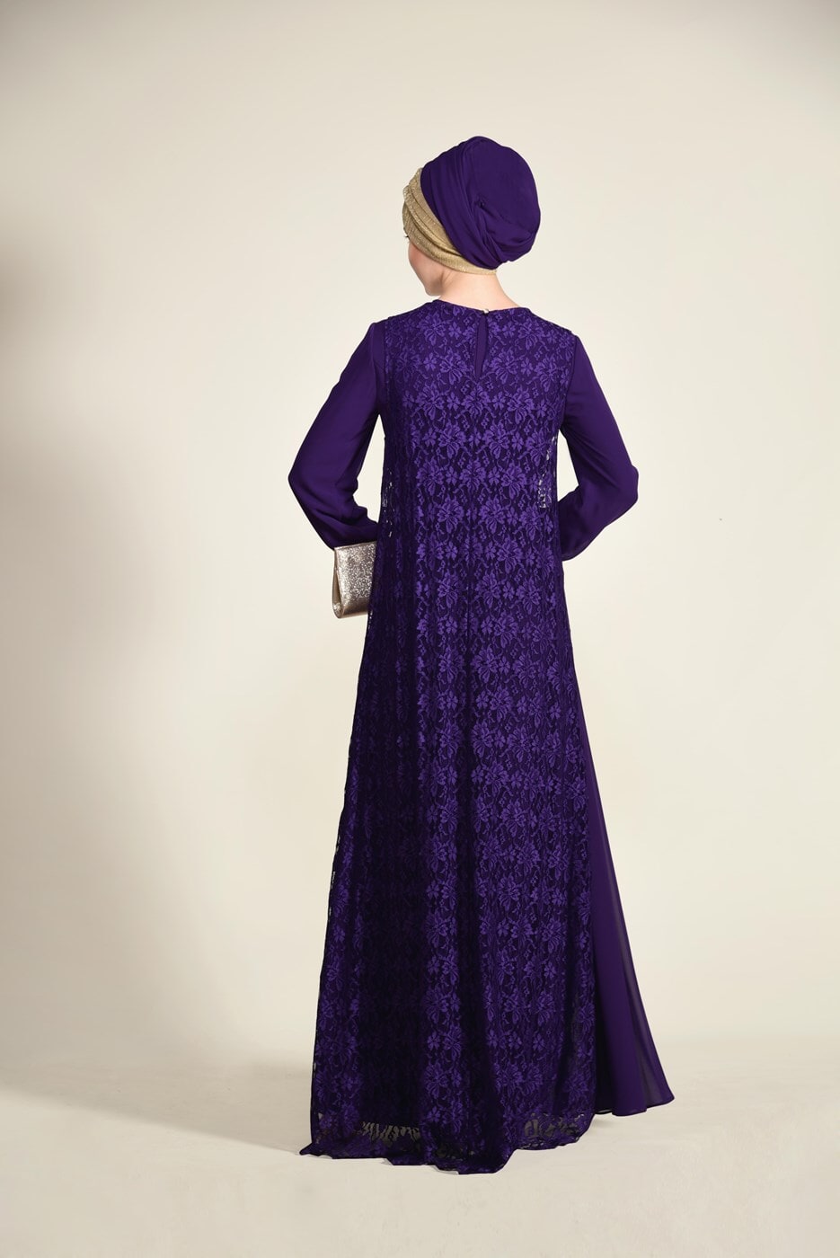 Tesettür giyim MOR ARKASI DANTELLİ ABİYE ELBİSE 5352