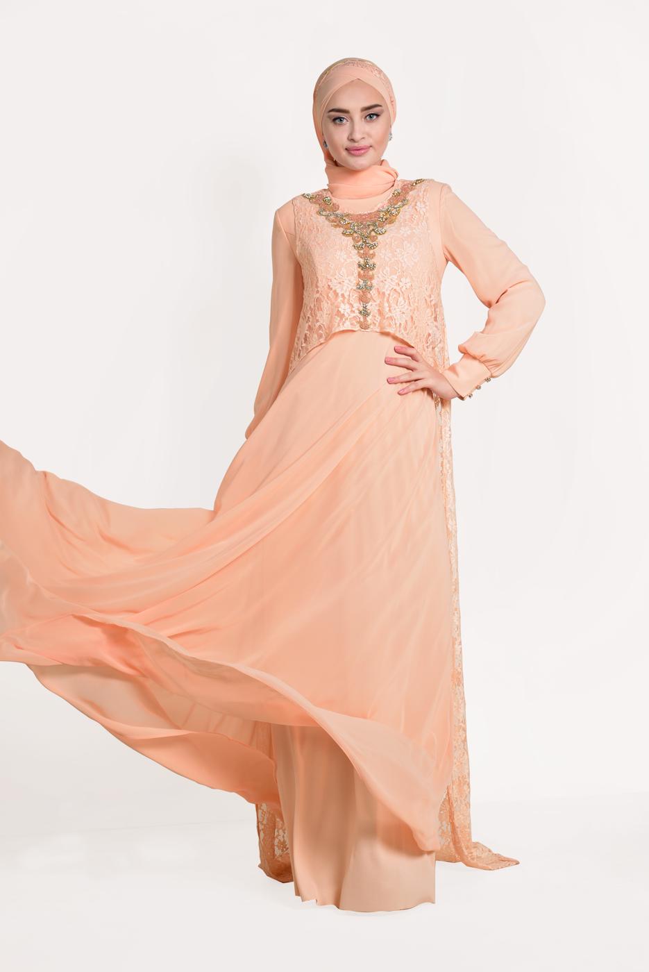 Tesettür giyim PUDRA ARKASI DANTELLİ ABİYE ELBİSE 5352
