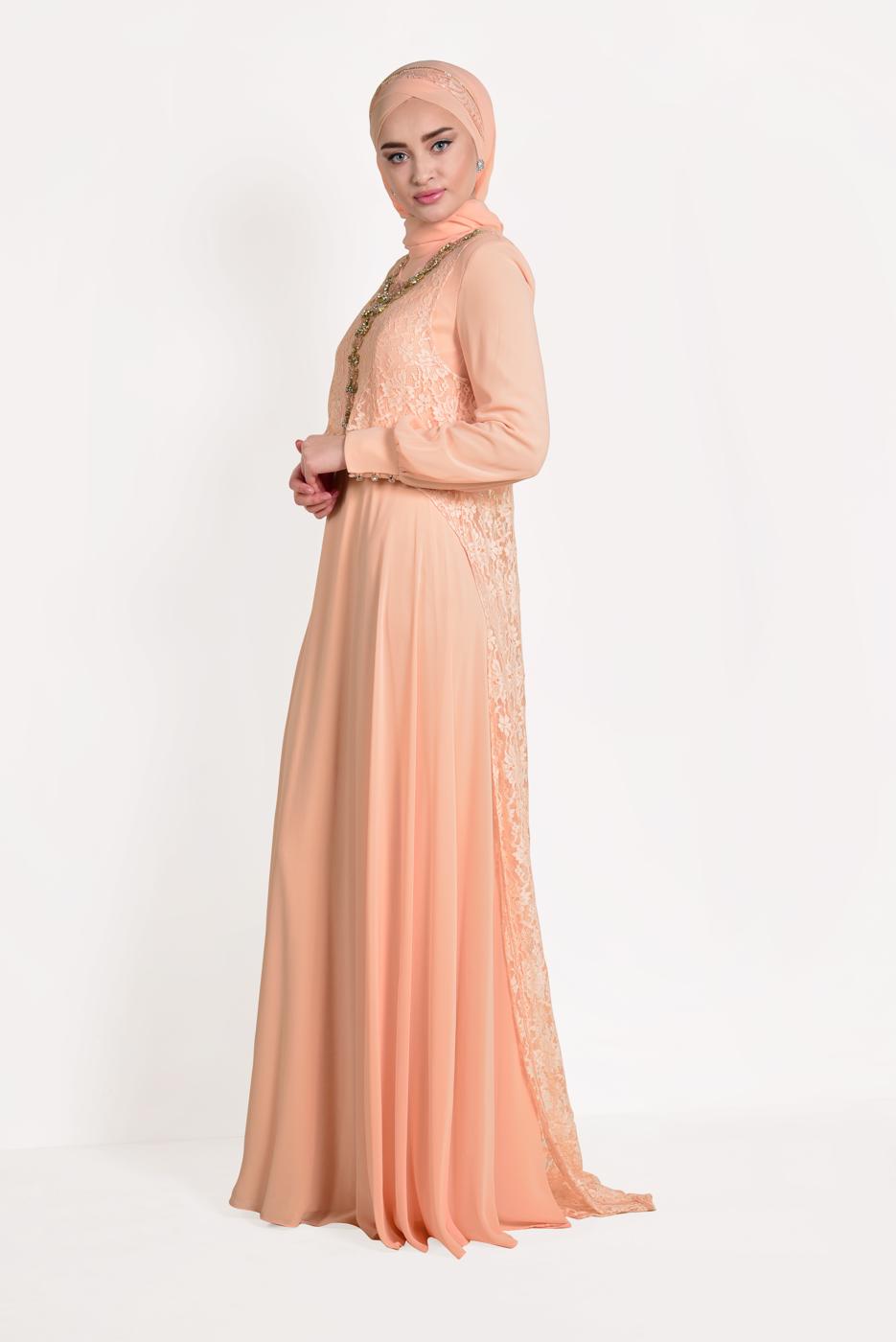 Tesettür giyim PUDRA ARKASI DANTELLİ ABİYE ELBİSE 5352