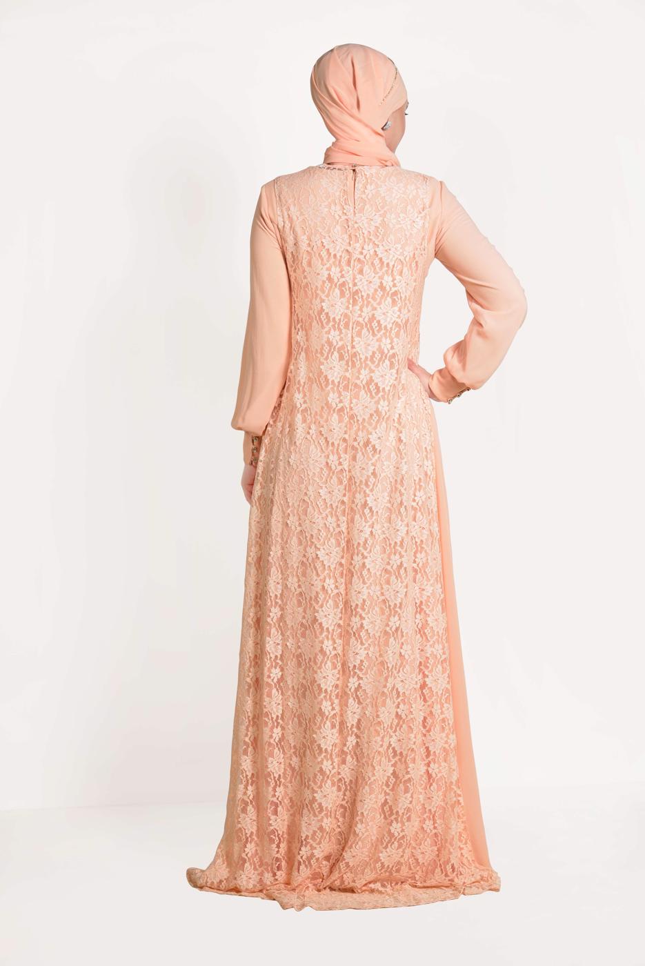 Tesettür giyim PUDRA ARKASI DANTELLİ ABİYE ELBİSE 5352