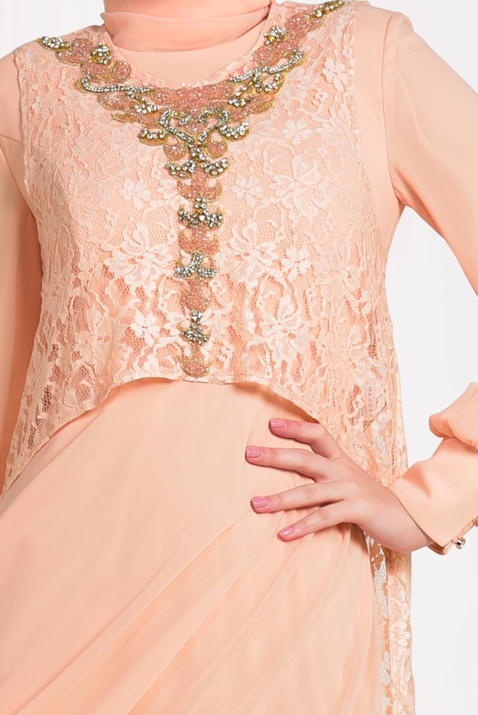 Tesettür giyim PUDRA ARKASI DANTELLİ ABİYE ELBİSE 5352