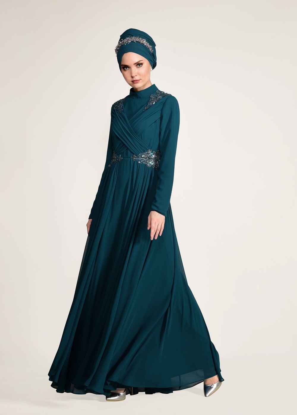 Tesettür giyim MAVİ BONCUK İŞLEME DETAYLI MULTİ ŞİFON ABİYE ELBİSE 5356 