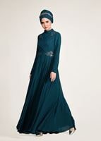 Tesettür giyim MAVİ BONCUK İŞLEME DETAYLI MULTİ ŞİFON ABİYE ELBİSE 5356 