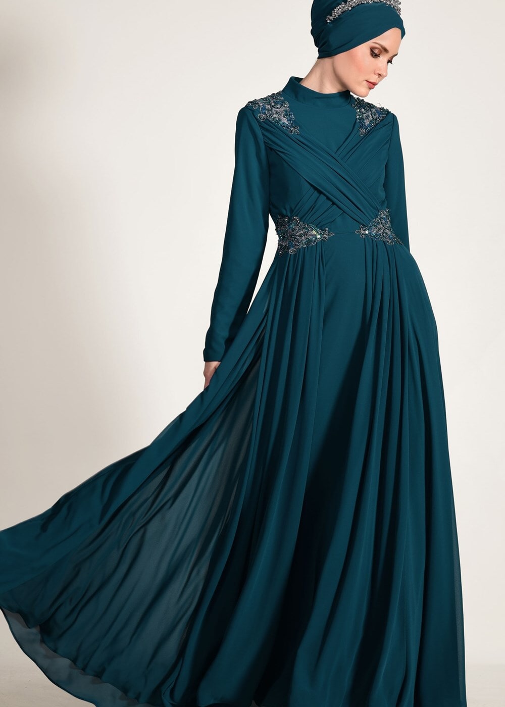 Tesettür giyim MAVİ BONCUK İŞLEME DETAYLI MULTİ ŞİFON ABİYE ELBİSE 5356 