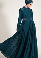 Tesettür giyim MAVİ BONCUK İŞLEME DETAYLI MULTİ ŞİFON ABİYE ELBİSE 5356 