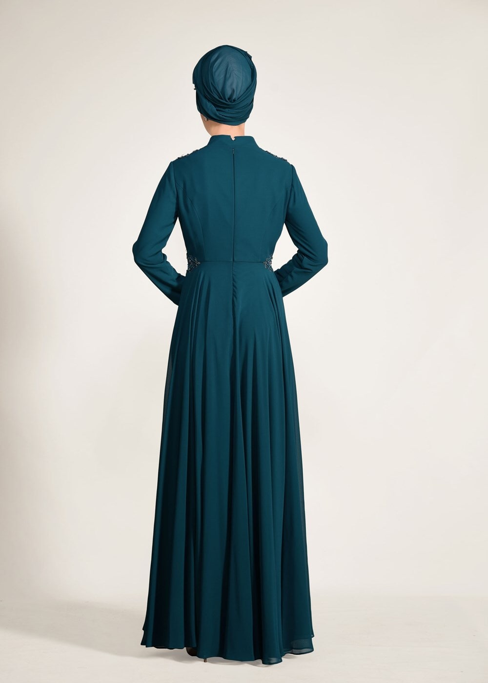 Tesettür giyim MAVİ BONCUK İŞLEME DETAYLI MULTİ ŞİFON ABİYE ELBİSE 5356 