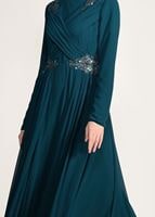 Tesettür giyim MAVİ BONCUK İŞLEME DETAYLI MULTİ ŞİFON ABİYE ELBİSE 5356 