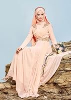 Tesettür giyim PUDRA BONCUK İŞLEME DETAYLI MULTİ ŞİFON ABİYE ELBİSE 5356 