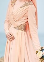 Tesettür giyim PUDRA BONCUK İŞLEME DETAYLI MULTİ ŞİFON ABİYE ELBİSE 5356 