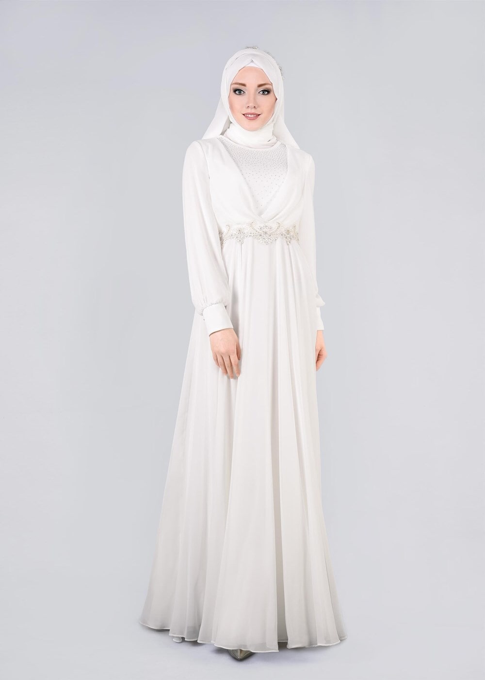 Tesettür giyim KREM TAŞLI BELİ İŞLEMELİ MULTİ ŞİFON ABİYE ELBİSE 5357