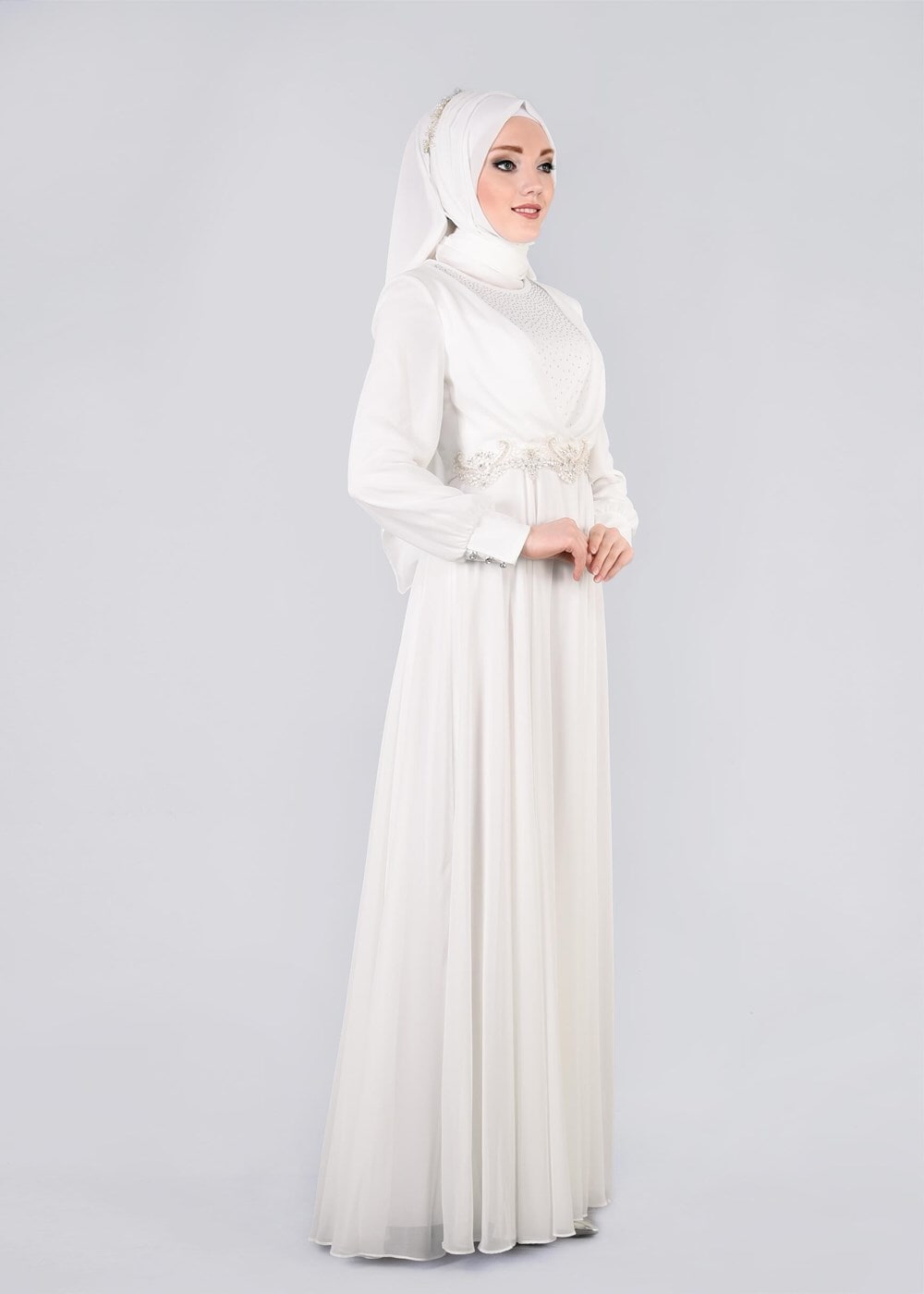 Tesettür giyim KREM TAŞLI BELİ İŞLEMELİ MULTİ ŞİFON ABİYE ELBİSE 5357