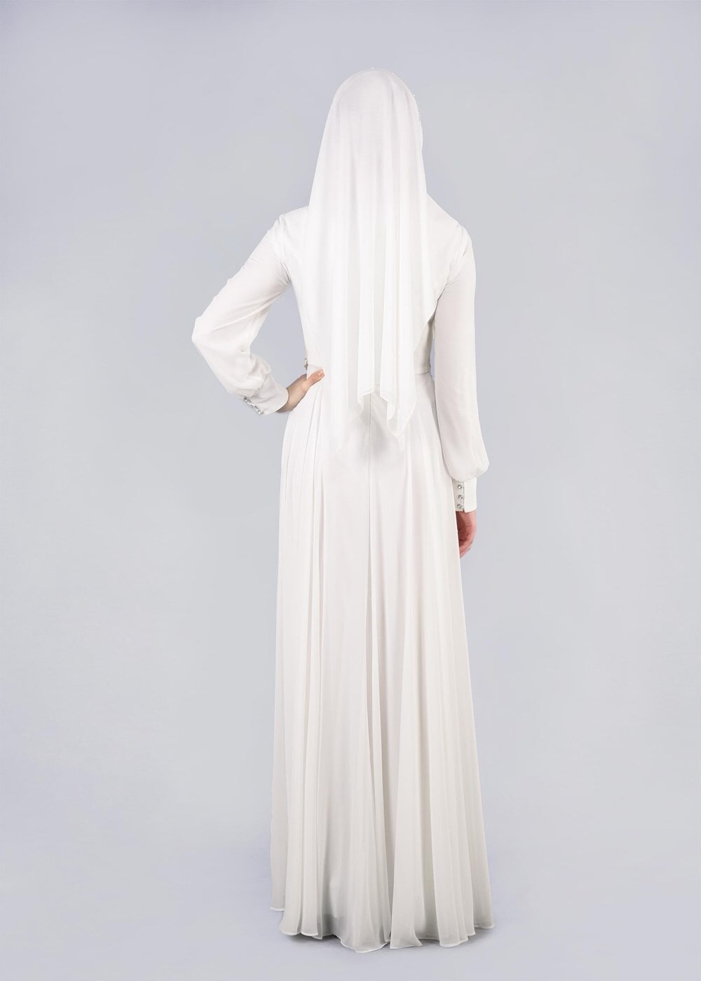 Tesettür giyim KREM TAŞLI BELİ İŞLEMELİ MULTİ ŞİFON ABİYE ELBİSE 5357