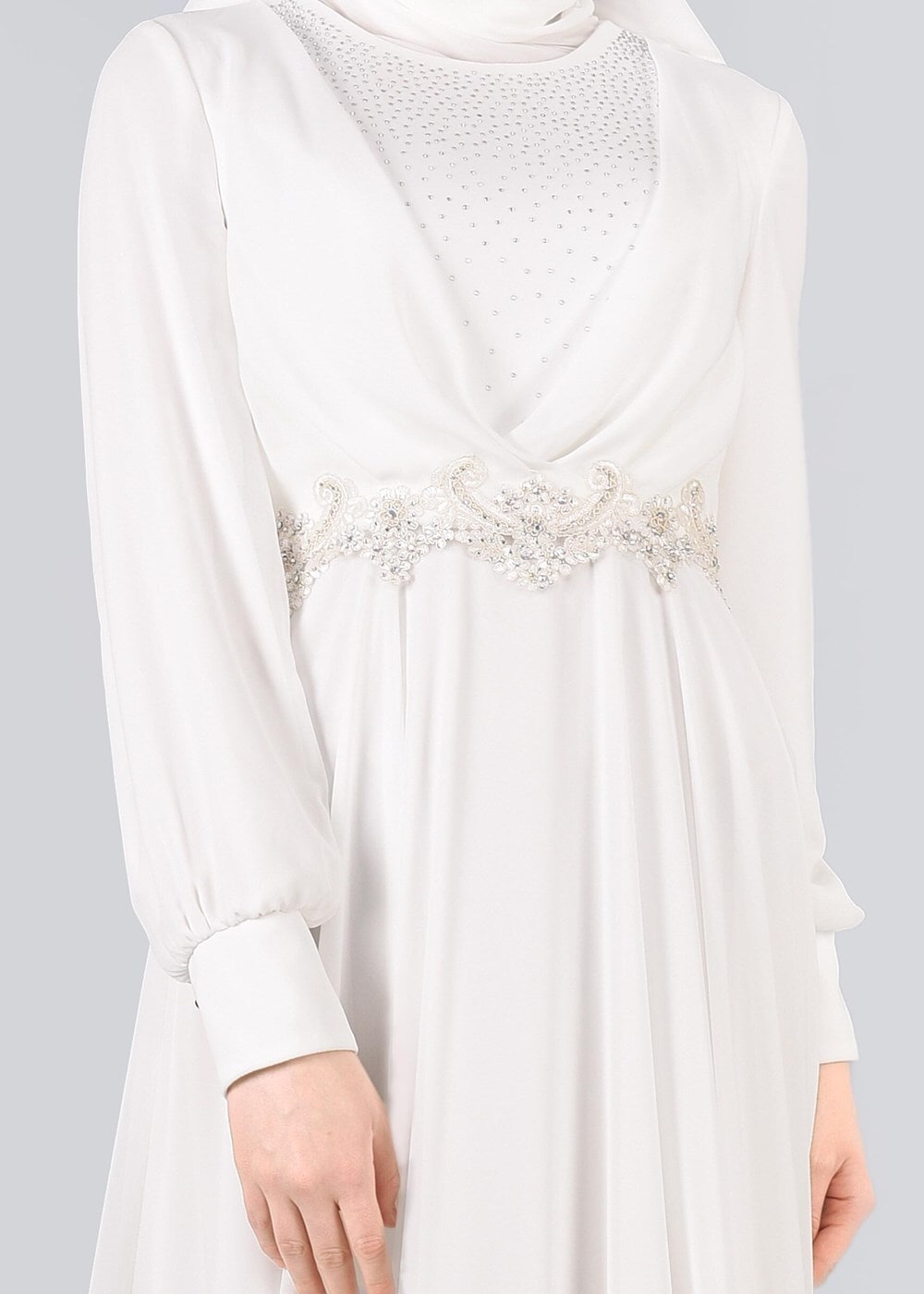 Tesettür giyim KREM TAŞLI BELİ İŞLEMELİ MULTİ ŞİFON ABİYE ELBİSE 5357