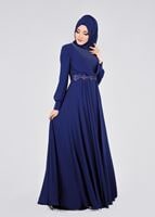 Tesettür giyim LACİVERT TAŞLI BELİ İŞLEMELİ MULTİ ŞİFON ABİYE ELBİSE 5357