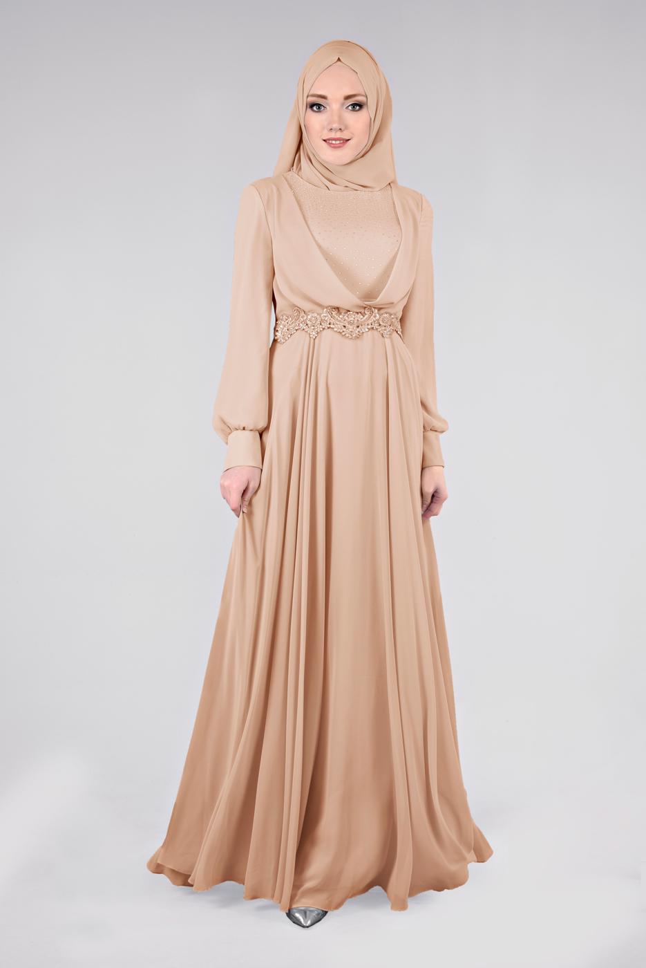Tesettür giyim PUDRA TAŞLI BELİ İŞLEMELİ MULTİ ŞİFON ABİYE ELBİSE 5357  