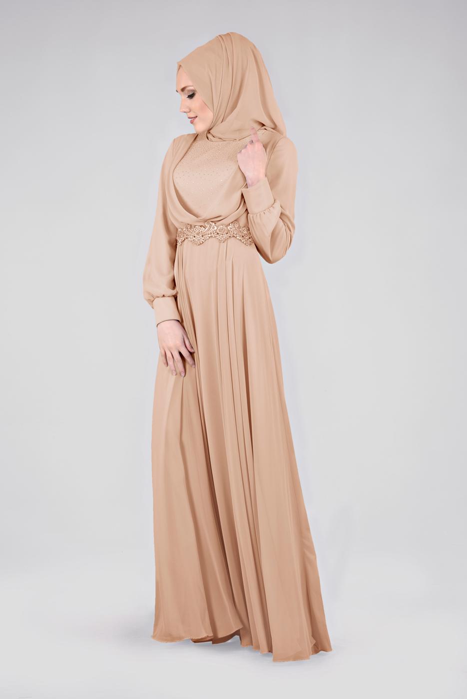 Tesettür giyim PUDRA TAŞLI BELİ İŞLEMELİ MULTİ ŞİFON ABİYE ELBİSE 5357  