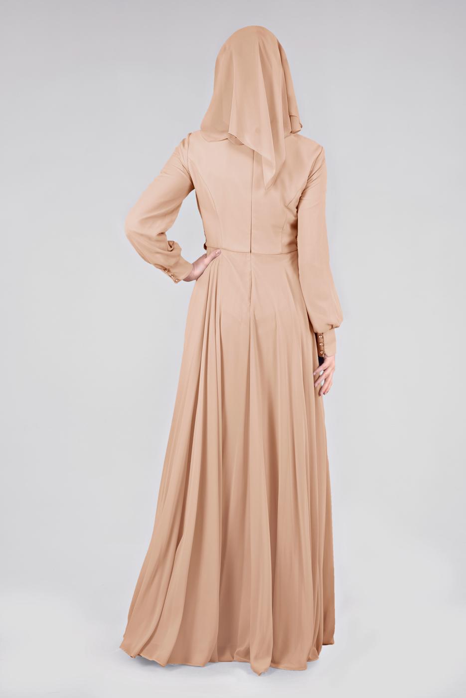 Tesettür giyim PUDRA TAŞLI BELİ İŞLEMELİ MULTİ ŞİFON ABİYE ELBİSE 5357  