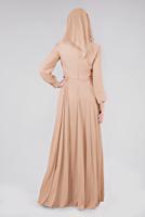 Tesettür giyim PUDRA TAŞLI BELİ İŞLEMELİ MULTİ ŞİFON ABİYE ELBİSE 5357  