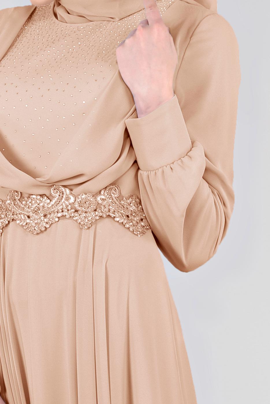Tesettür giyim PUDRA TAŞLI BELİ İŞLEMELİ MULTİ ŞİFON ABİYE ELBİSE 5357  
