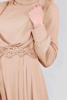 Tesettür giyim PUDRA TAŞLI BELİ İŞLEMELİ MULTİ ŞİFON ABİYE ELBİSE 5357  