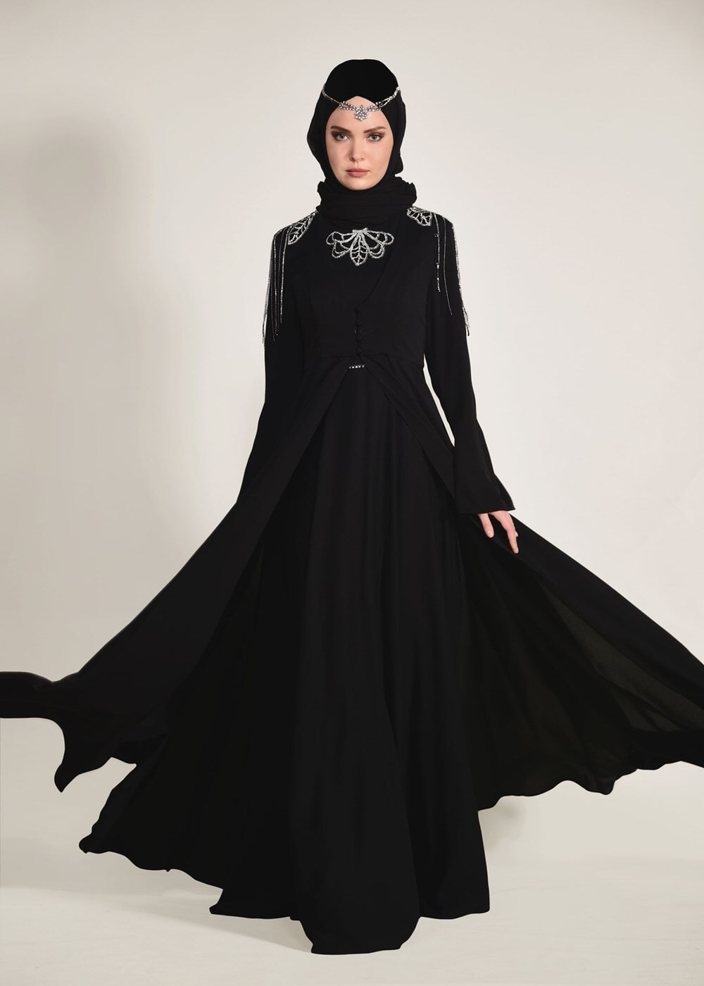 Tesettür giyim SİYAH OMUZ VE YAKASI TAŞ DETAYLI 2&prime;Lİ ABİYE ELBİSE 5363 