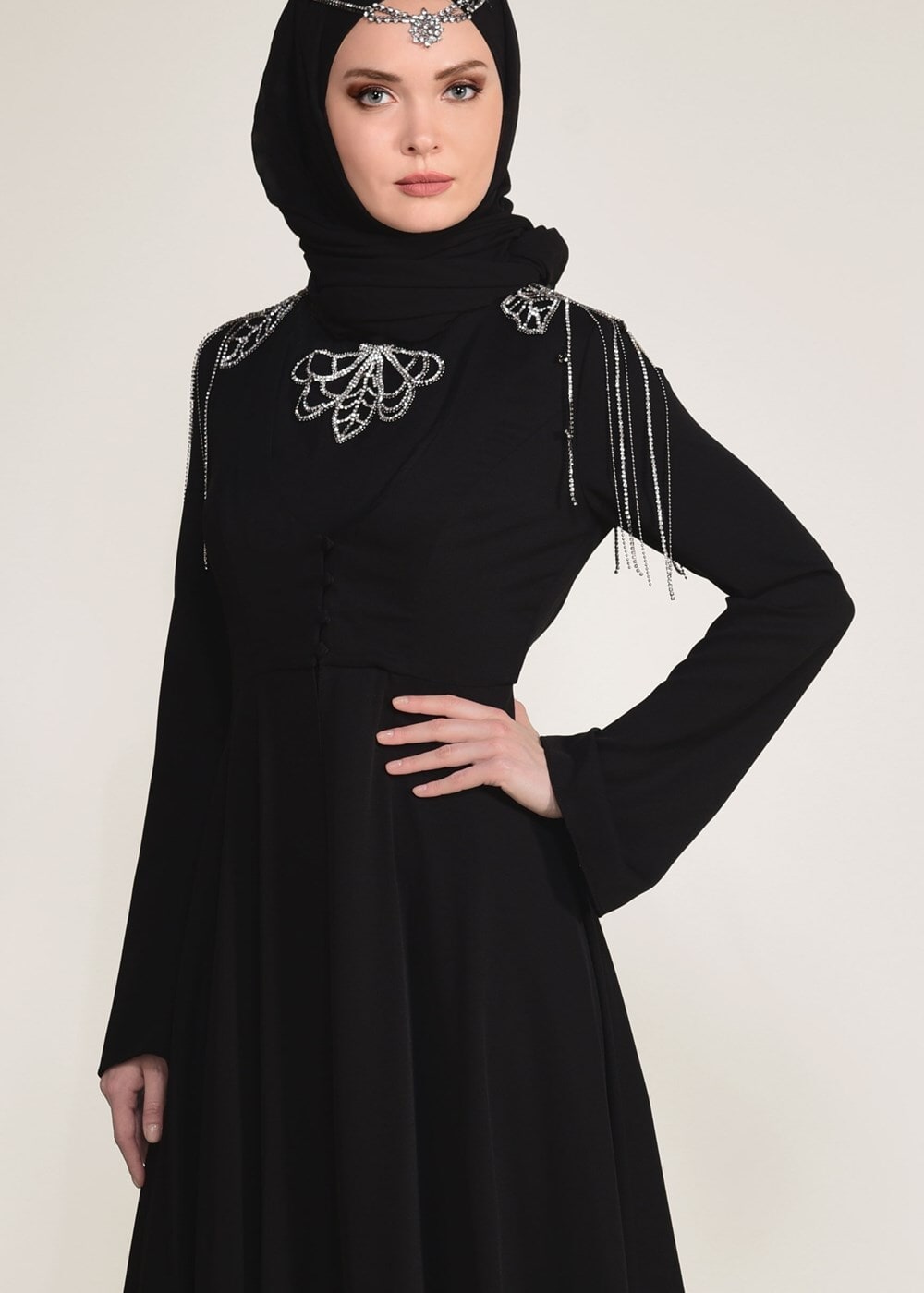 Tesettür giyim SİYAH OMUZ VE YAKASI TAŞ DETAYLI 2&prime;Lİ ABİYE ELBİSE 5363 