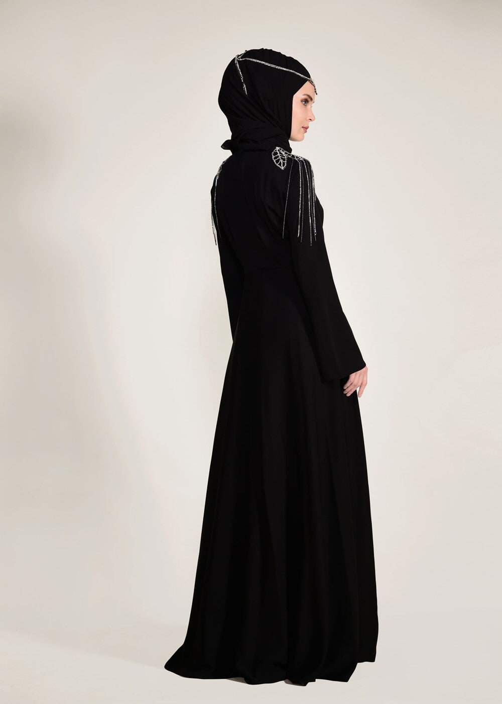 Tesettür giyim SİYAH OMUZ VE YAKASI TAŞ DETAYLI 2&prime;Lİ ABİYE ELBİSE 5363 