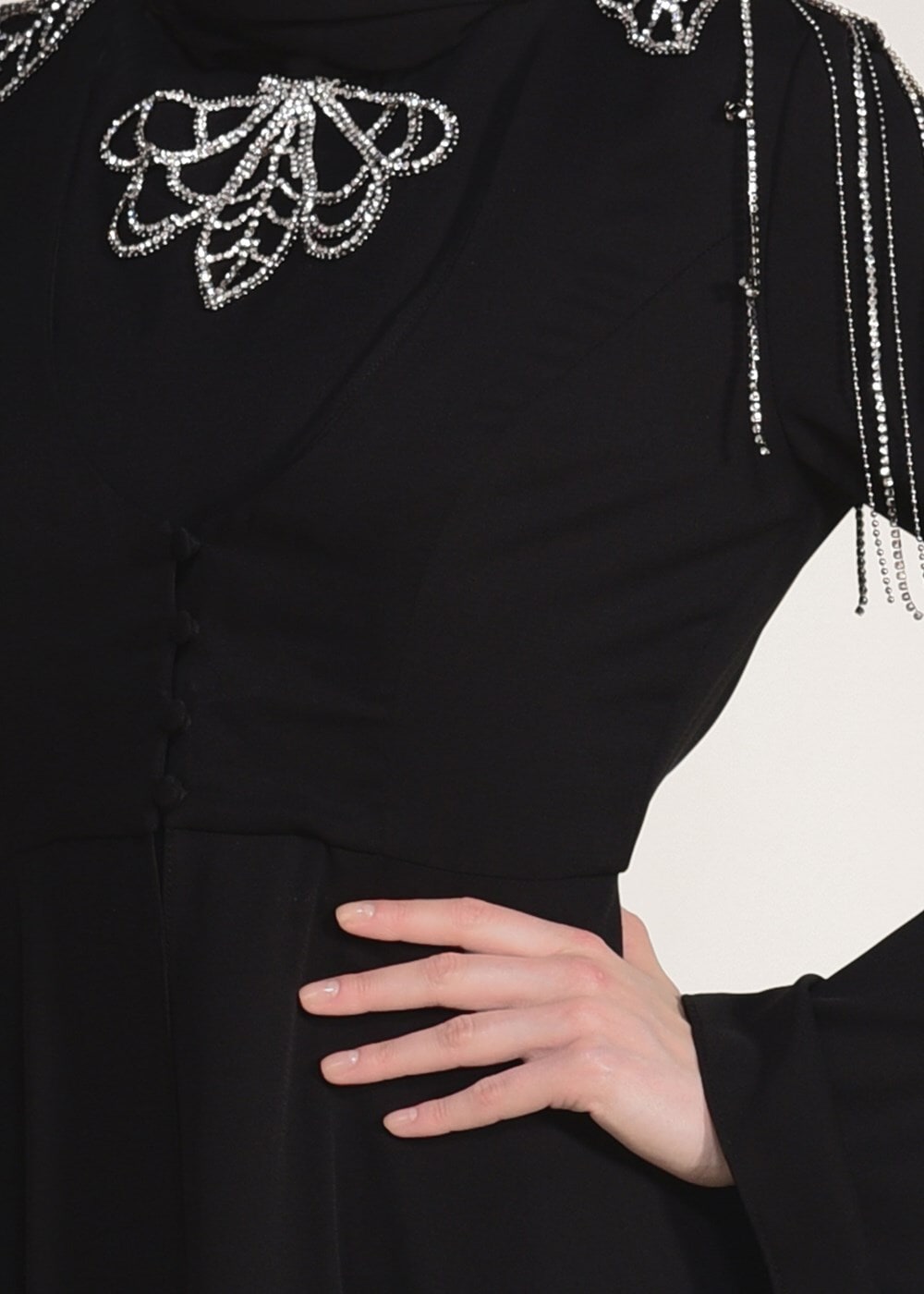 Tesettür giyim SİYAH OMUZ VE YAKASI TAŞ DETAYLI 2&prime;Lİ ABİYE ELBİSE 5363 