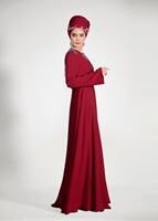 Tesettür giyim KIRMIZI OMUZ VE YAKASI TAŞ DETAYLI 2&prime;Lİ ABİYE ELBİSE 5363 