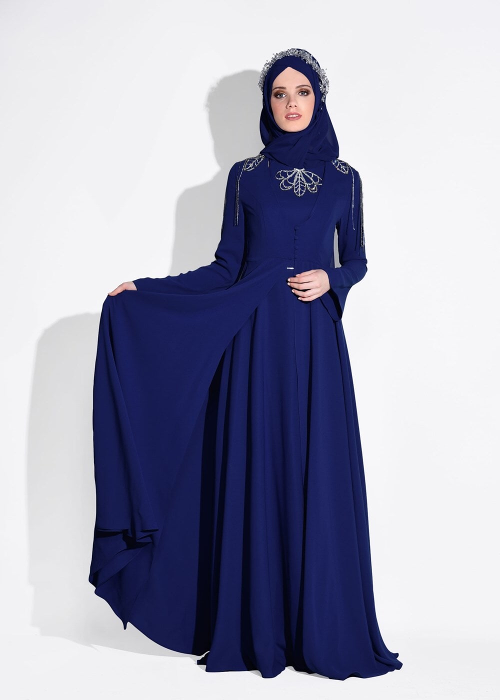 Tesettür giyim LACİVERT OMUZ VE YAKASI TAŞ DETAYLI 2&prime;Lİ ABİYE ELBİSE 5363 