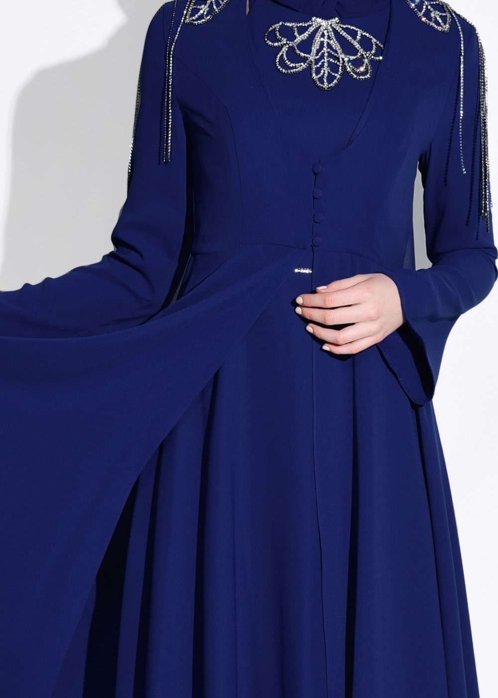 Tesettür giyim LACİVERT OMUZ VE YAKASI TAŞ DETAYLI 2&prime;Lİ ABİYE ELBİSE 5363 