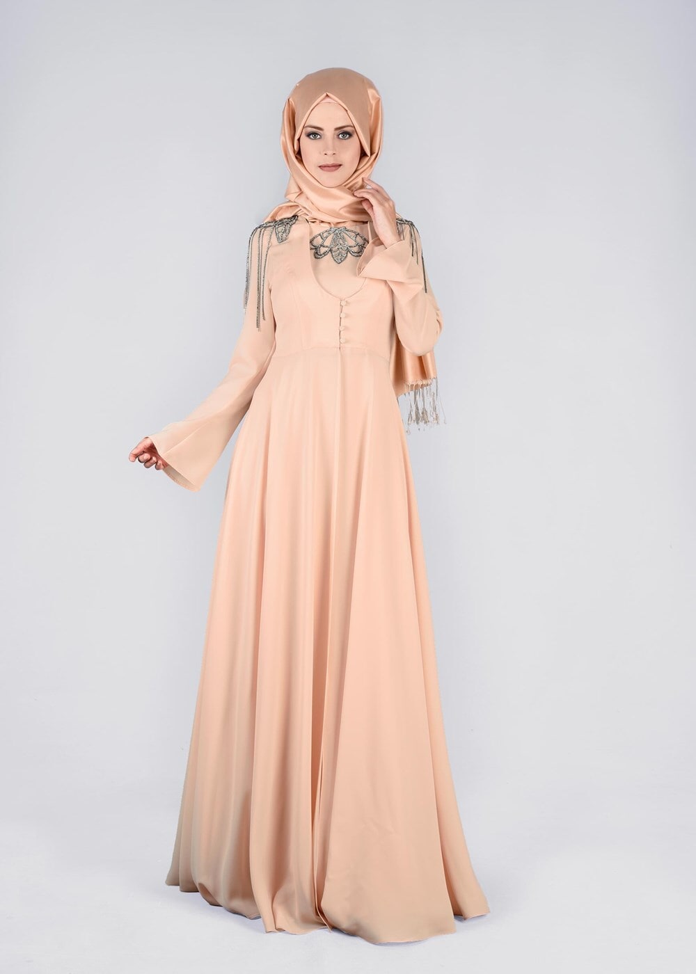 Tesettür giyim PEMBE OMUZ VE YAKASI TAŞ DETAYLI 2&prime;Lİ ABİYE ELBİSE 5363 