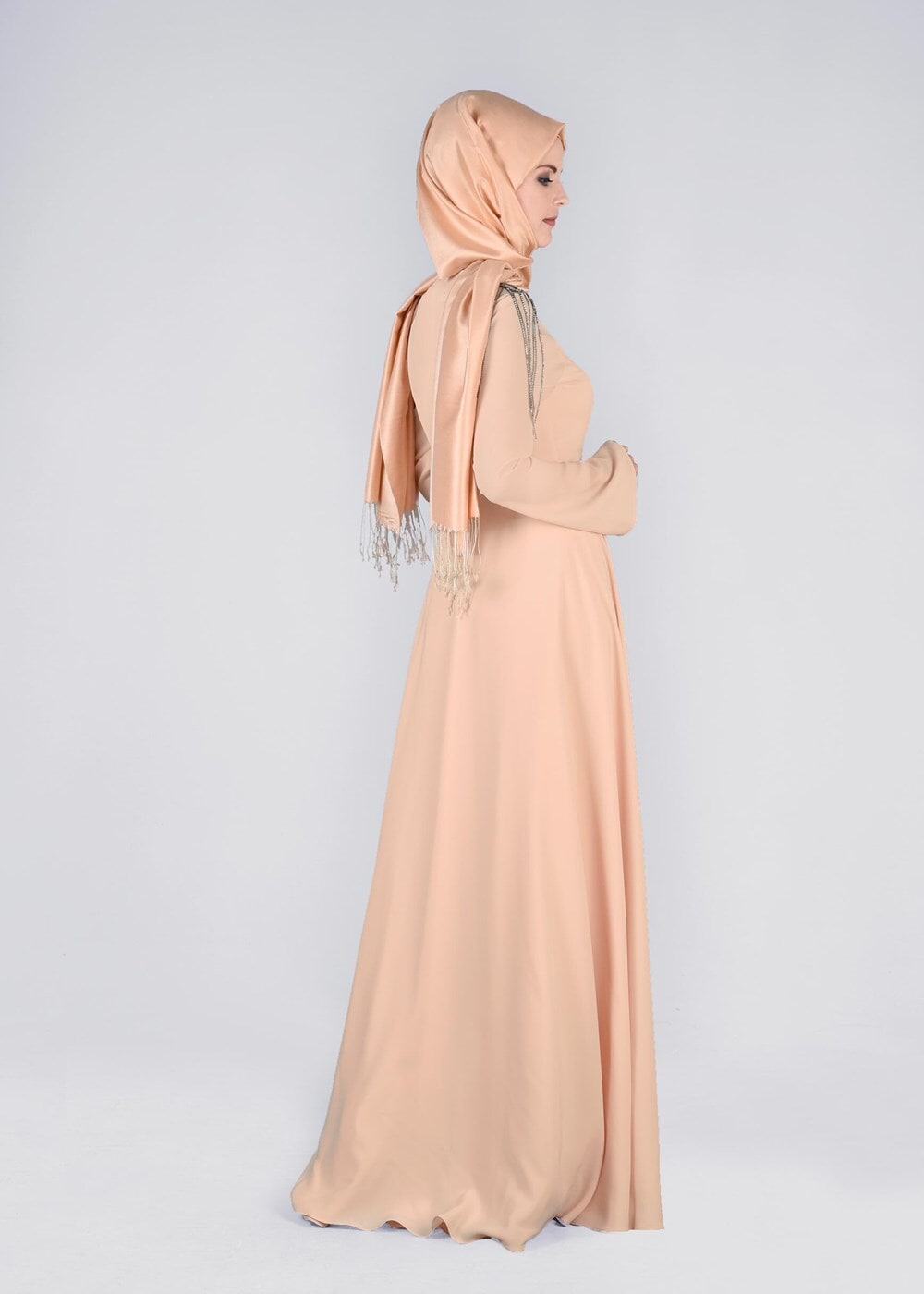 Tesettür giyim PEMBE OMUZ VE YAKASI TAŞ DETAYLI 2&prime;Lİ ABİYE ELBİSE 5363 