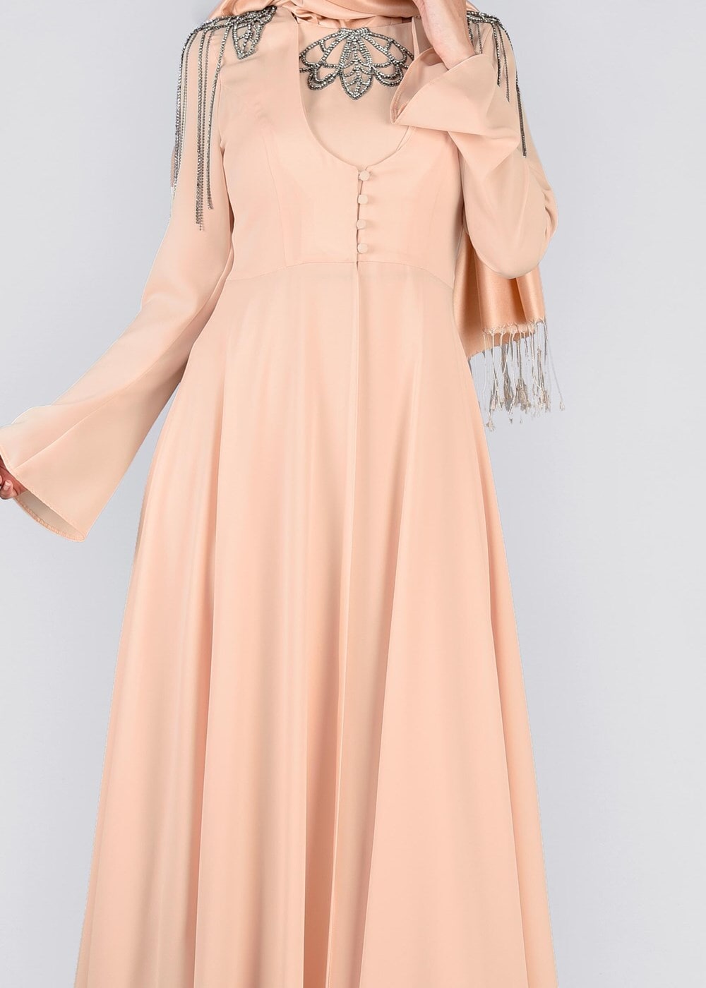 Tesettür giyim PEMBE OMUZ VE YAKASI TAŞ DETAYLI 2&prime;Lİ ABİYE ELBİSE 5363 