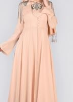 Tesettür giyim PEMBE OMUZ VE YAKASI TAŞ DETAYLI 2&prime;Lİ ABİYE ELBİSE 5363 