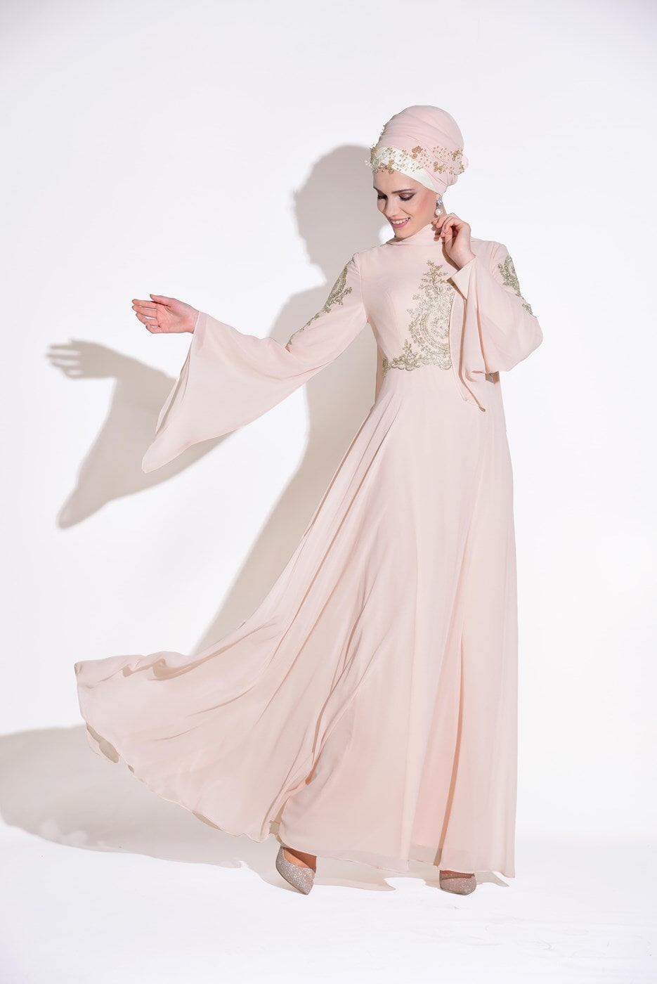 Tesettür giyim PUDRA SIRMA İŞLEMELİ MULTİ ŞİFON ABİYE ELBİSE 5365 