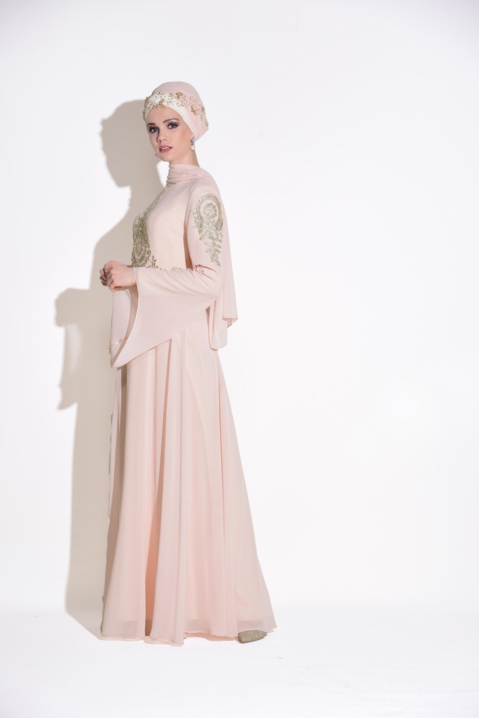 Tesettür giyim PUDRA SIRMA İŞLEMELİ MULTİ ŞİFON ABİYE ELBİSE 5365 